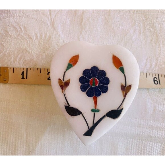 Marble Inlaid Stone Trinket Box India Vintage Heart Shaped Flower Valentines - Picture 5 of 8